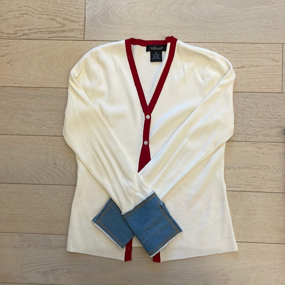 Vintage white button up sweater red detail & blue cuffs